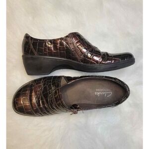 Clarks Bendables Brown Leather Zip Up Block Heel Ankle Boots Bootie Women's 6.5